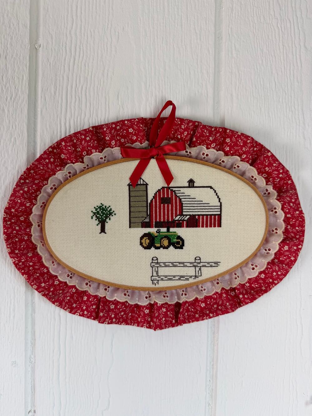Vintage Handmade Cross Stitch Farm Barn Tractor Wall Hanging Folk Art Cottage
